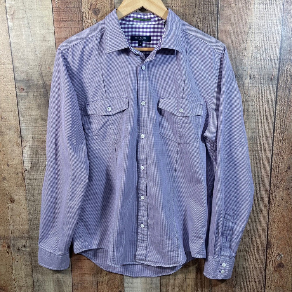 Ted Baker London Size 4 Mens L Purple Gingham Dress Shirt Button Down Woven
